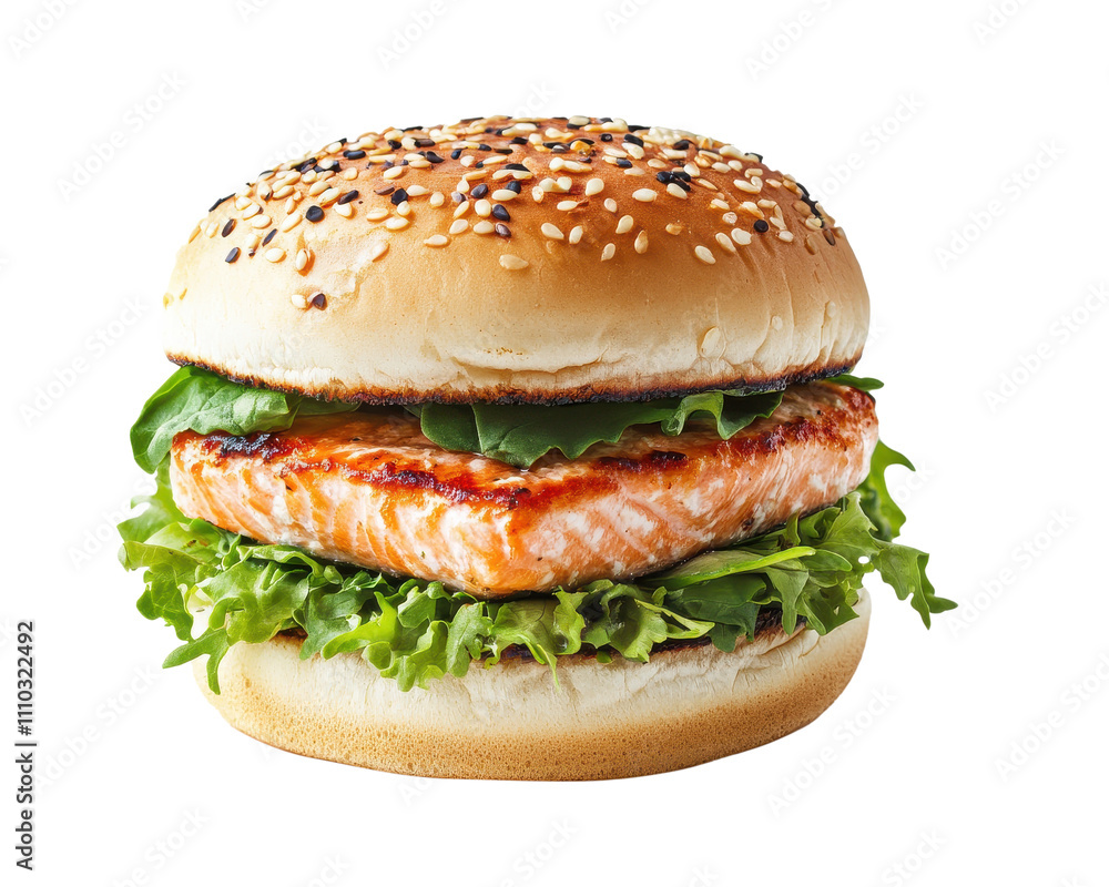 Salmon burger with sesame seed bun, lettuce, and fresh greens Salmon burger with sesame seed bun, lettuce, and fresh greens