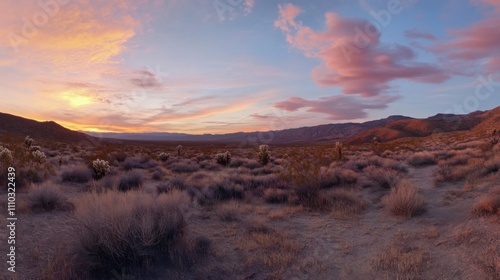Vibrant sunset over desert landscape showcasing soft clouds and exotic vegetation