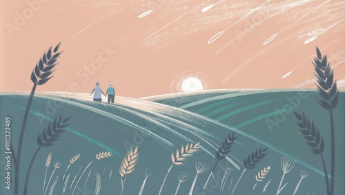 Expansive fields of golden oats ripple with the breeze illuminated by the sun as it begins to set. In the distance an elderly couple strolls handinhand seemingly in reflection. Cartoon