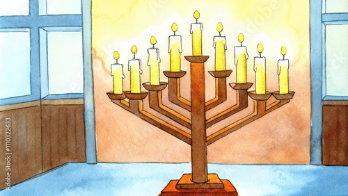 In a sacred space a towering lampstand built from rustic wood supports several large candles that stand like sentinels. The flickering flames cast dynamic shadows in the quiet room. Cartoon