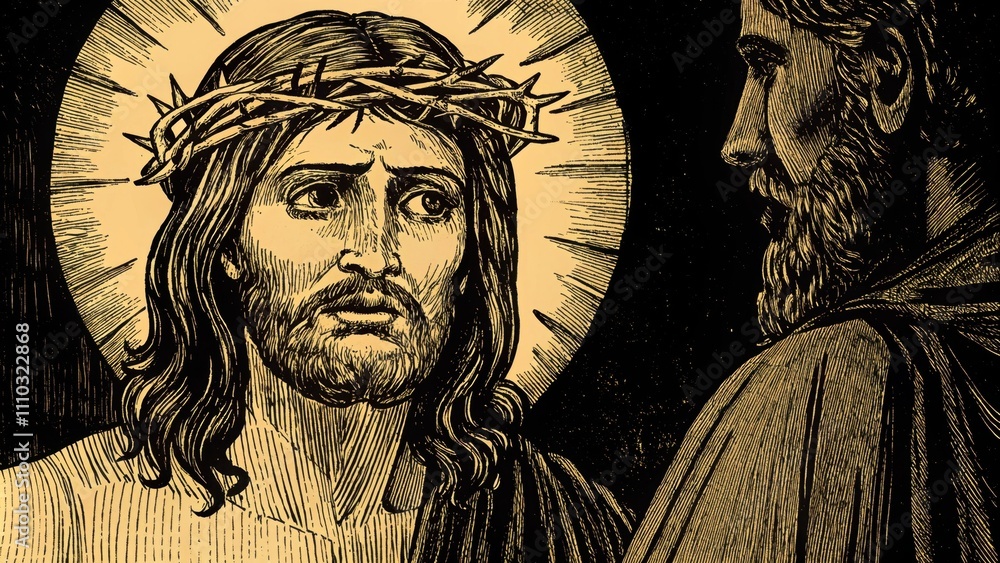 Fototapeta premium Jesuss face reflects serene determination while Peters face shows a mix of embarrassment and gratitude making the scene deeply emotional.. Cartoon