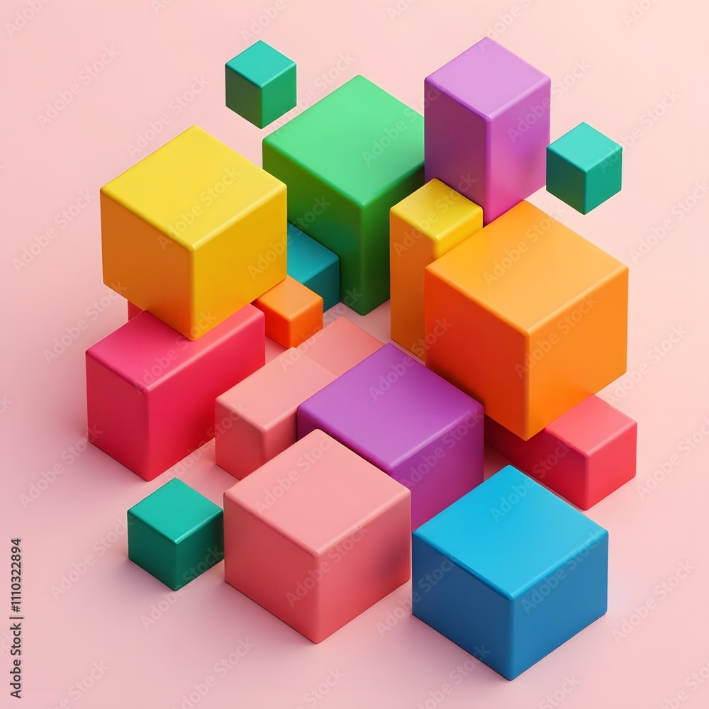 Colorful geometric blocks arrangement against a soft pink background Colorful geometric blocks arrangement against a soft pink background