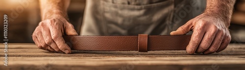 Wallpaper Mural A craftsman holds a leather belt on a wooden table, showcasing skill and craftsmanship in a warm, rustic environment Torontodigital.ca