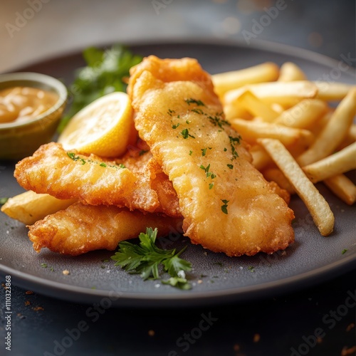 a classic fish and chips, made from a secret batter consisting of selective herbs and spices, dipped and coated using the best cod fish available, served with freshly cut chips photo