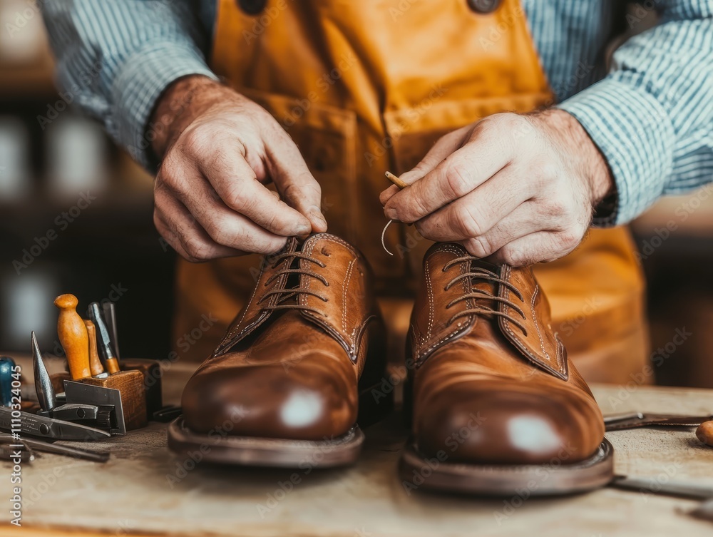 A craftsman expertly laces a pair of brown leather shoes, showcasing skill in shoemaking and attention to detail A craftsman expertly laces a pair of brown leather shoes, showcasing skill in shoemaking and attention to detail