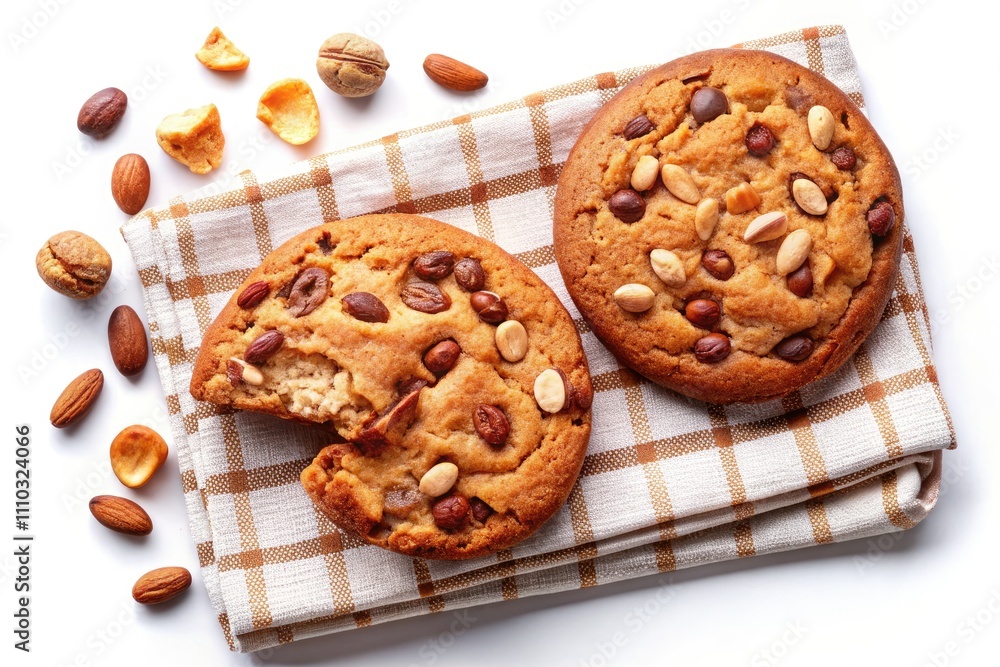 American Chocolate Chip Cookies and Nutty Biscuit on Napkin - Delicious Oat Shortbread Treats Top View Illustration American Chocolate Chip Cookies and Nutty Biscuit on Napkin - Delicious Oat Shortbread Treats Top View Illustration