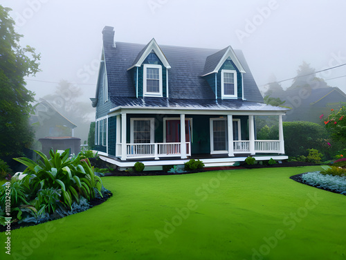 beautiful realistic american architectural style colorful house and garden, foggy and cloudy weather atmosphere, Wet ground, Rain Soaked Ground, 
