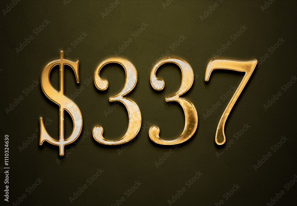 Old gold effect of 337 dollars with 3D glossy style Mockup. Old gold effect of 337 dollars with 3D glossy style Mockup.