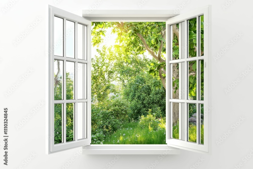 Open window, sunny garden view, green trees. Open window, sunny garden view, green trees.