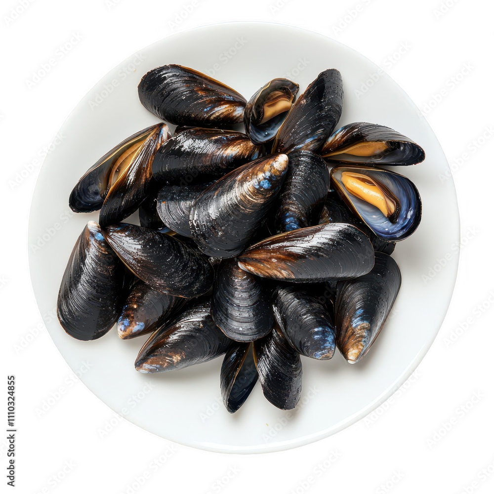 A plate of mussels with their shells still on Transparent Background A plate of mussels with their shells still on Transparent Background
