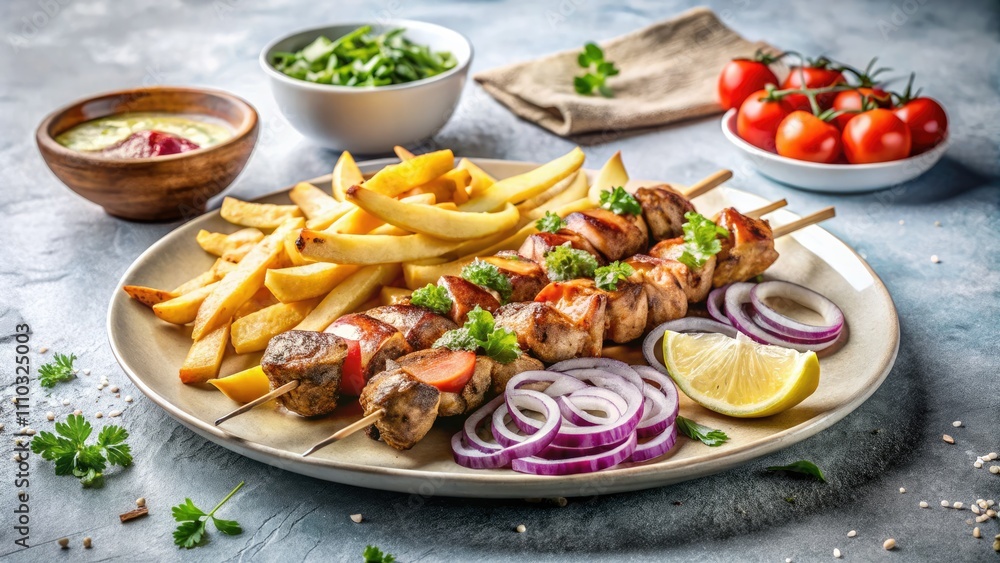 Delicious Souvlaki with Chicken and French Fries on a Rustic Concrete Table – Mouthwatering Greek Cuisine Photography Delicious Souvlaki with Chicken and French Fries on a Rustic Concrete Table – Mouthwatering Greek Cuisine Photography