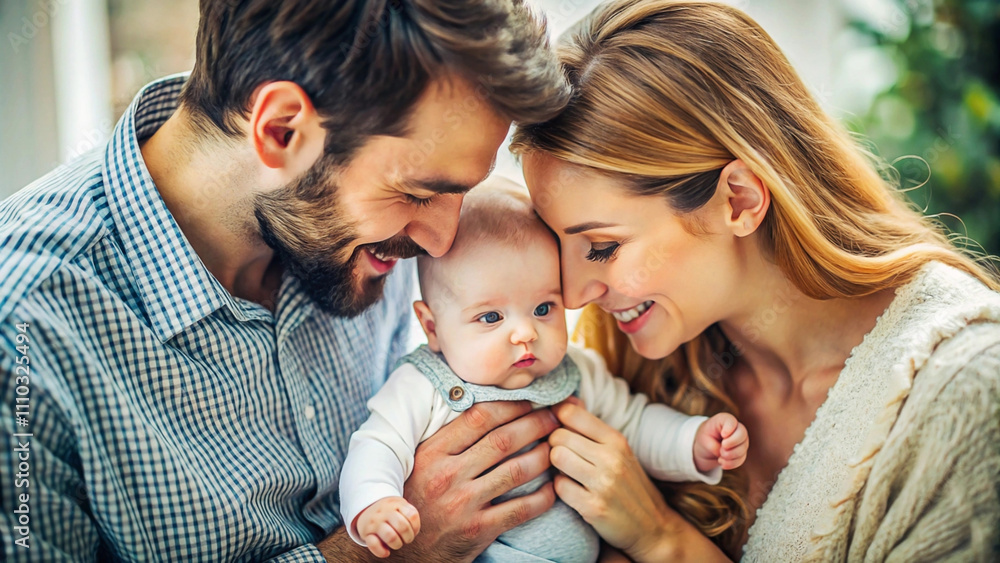 Happy family of three, parents lovingly embracing their newborn baby. Happy family of three, parents lovingly embracing their newborn baby.