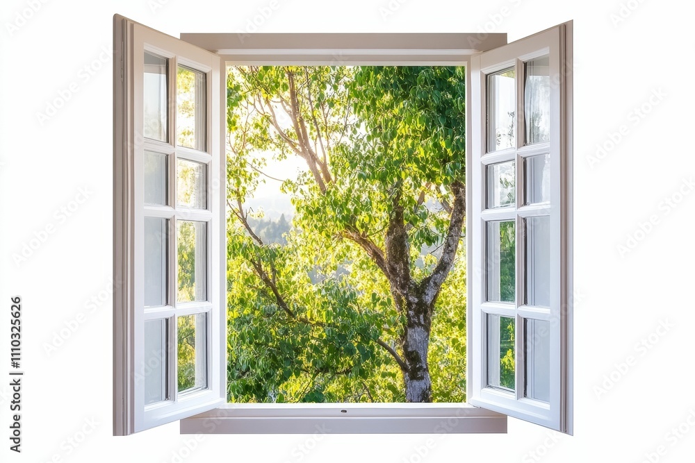 Open window, sunlit trees, tranquil outdoor scene. Open window, sunlit trees, tranquil outdoor scene.