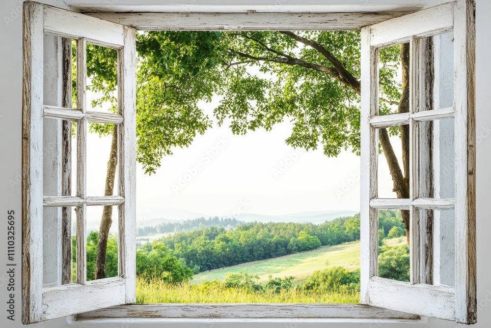 Fototapeta premium Rustic window reveals idyllic green landscape.