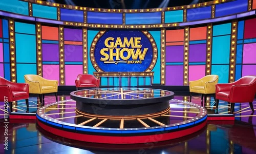 A colorful game show set featuring bright lights, chairs, and a central stage for contestants.