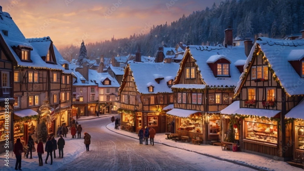 A picturesque snowy village with glowing Christmas lights, cozy cottages, and a festive Christmas market in the town square. A picturesque snowy village with glowing Christmas lights, cozy cottages, and a festive Christmas market in the town square.
