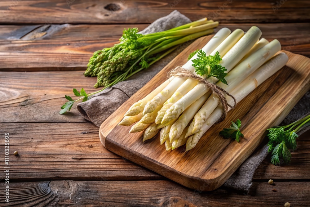 Fresh and Delicious Bunch of Raw White Asparagus Displayed on a Rustic Wooden Board for Gourmet Cooking Inspiration, Perfect for Food Photography and Culinary Uses Fresh and Delicious Bunch of Raw White Asparagus Displayed on a Rustic Wooden Board for Gourmet Cooking Inspiration, Perfect for Food Photography and Culinary Uses