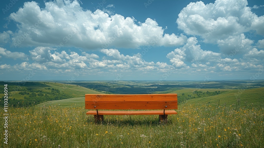 Wooden bench on a grassy hilltop overlooking a vast, idyllic landscape under a bright, partly cloudy sky. Wooden bench on a grassy hilltop overlooking a vast, idyllic landscape under a bright, partly cloudy sky.