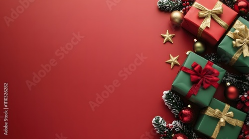 赤い背景に置かれたクリスマスプレゼント