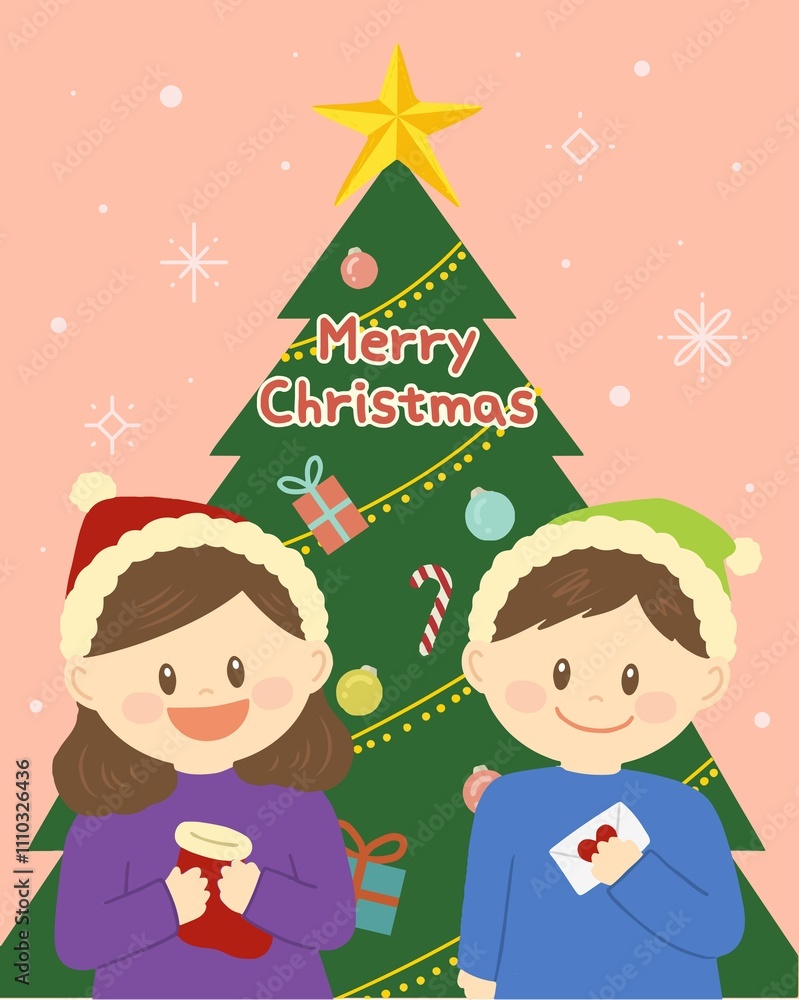 Fototapeta premium Merry Christmas illustration with Christmas tree and children