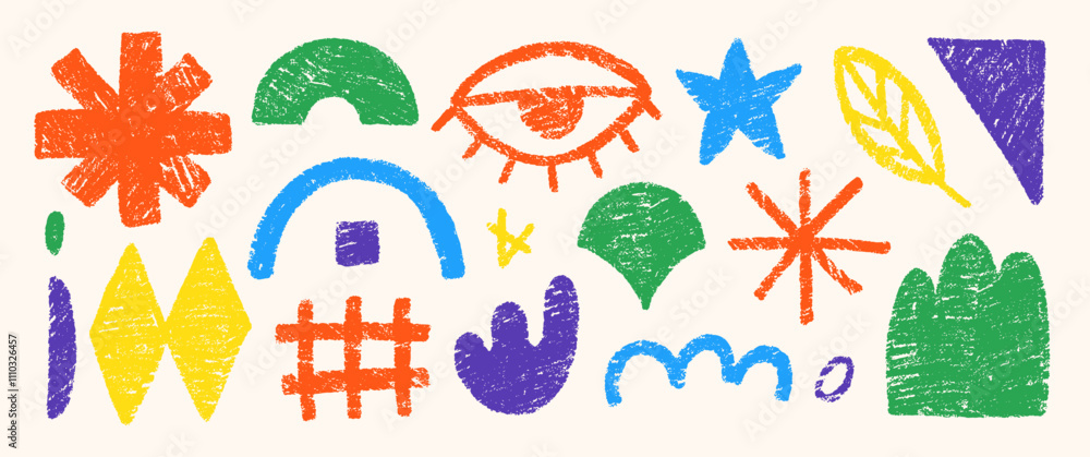 Fototapeta premium Hand drawn pencil doodles, squiggles, eye, corner and star. Abstract funky shapes and arrow with crayon or chalk texture. Multicolor Childish vector illustration.