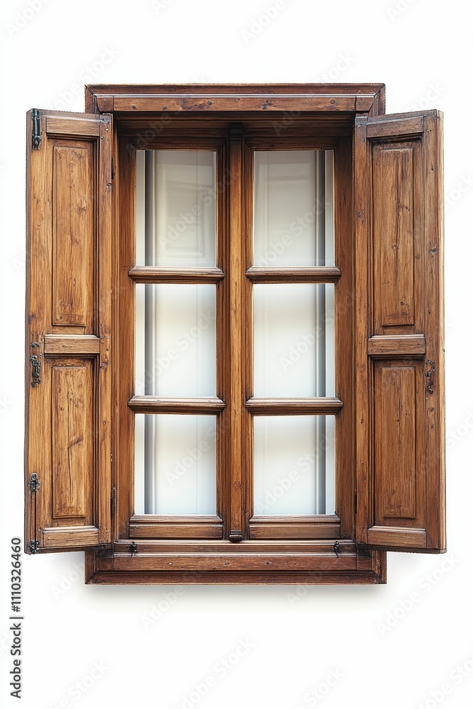 Wooden window with open shutters, paneled glass. Wooden window with open shutters, paneled glass.