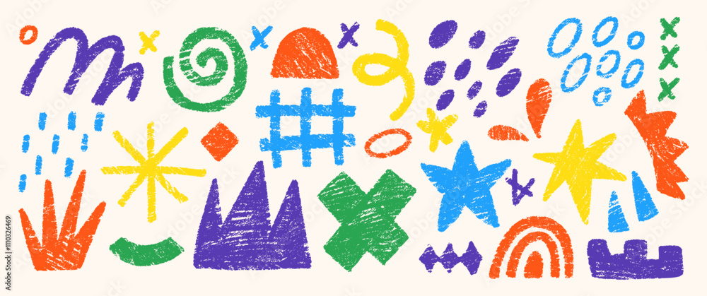 Hand drawn crayon doodles, squiggles, rainbow, grid and crown. Abstract funky shapes and arrow with chalk texture. Multicolor Childish vector illustration. Hand drawn crayon doodles, squiggles, rainbow, grid and crown. Abstract funky shapes and arrow with chalk texture. Multicolor Childish vector illustration.