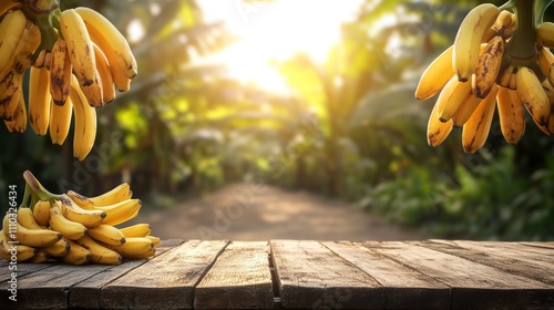 A close-up of an empty wooden table with a blurred banana jungle field farm in the background. photo