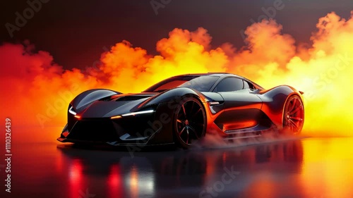 Sports car with yellow and red smoke in the background. Smoke animation, demonstration of a new sports car