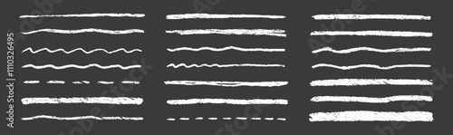 Set of chalk underline lines and texture strokes. Crayon mark brush line on a black background. Handwriting vector illustration.