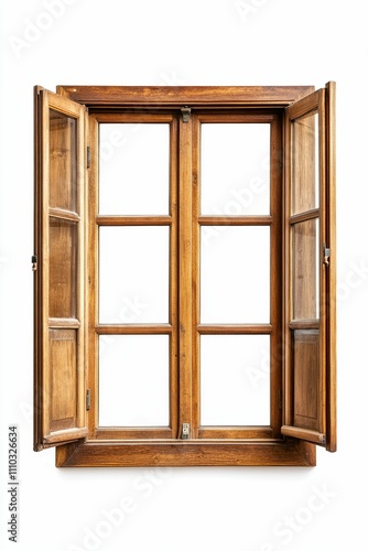 Open wooden window, multiple panes, rustic charm.