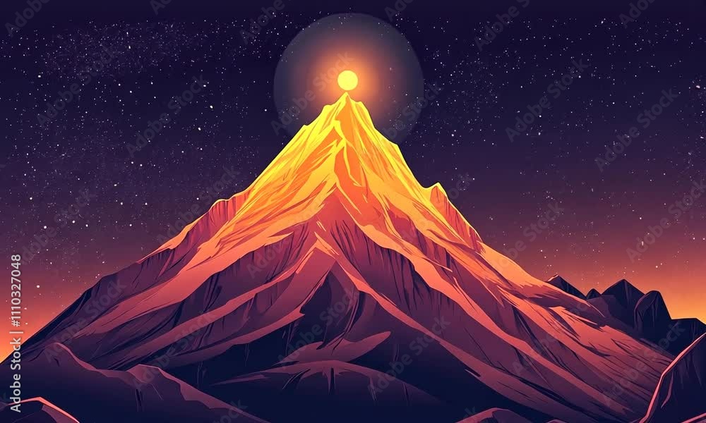 A stylized mountain scene with a glowing sun above, set against a starry night sky. A stylized mountain scene with a glowing sun above, set against a starry night sky.