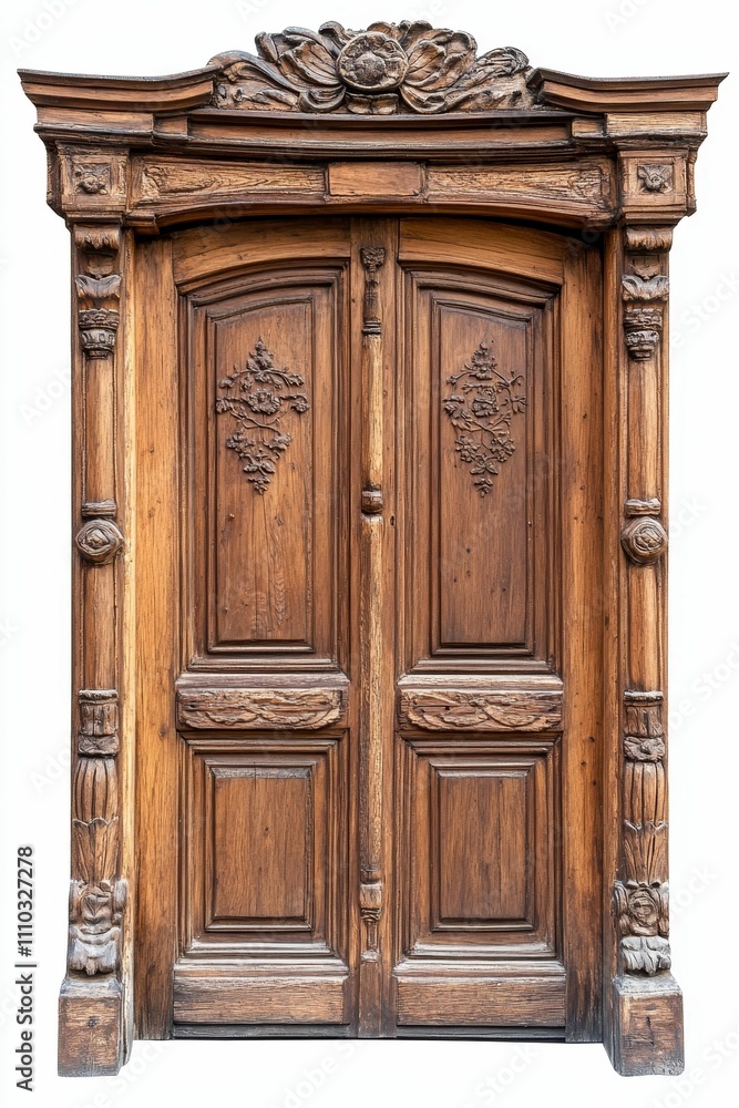 Ornate wooden double door, detailed carvings. Ornate wooden double door, detailed carvings.