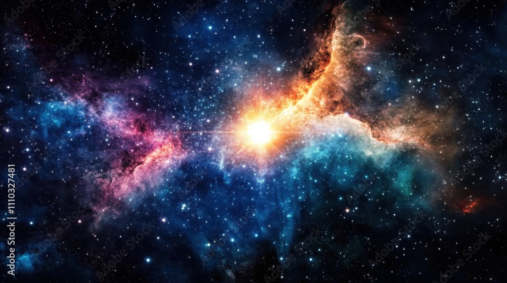 Fototapeta premium Colorful Cosmic Nebula with Bright Star in Deep Space Scene