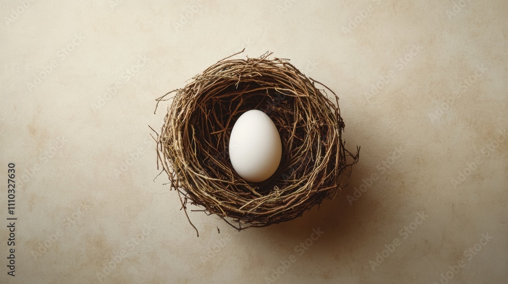 Fototapeta premium White Egg Nestled in a Natural Bird's Nest on a Soft Background