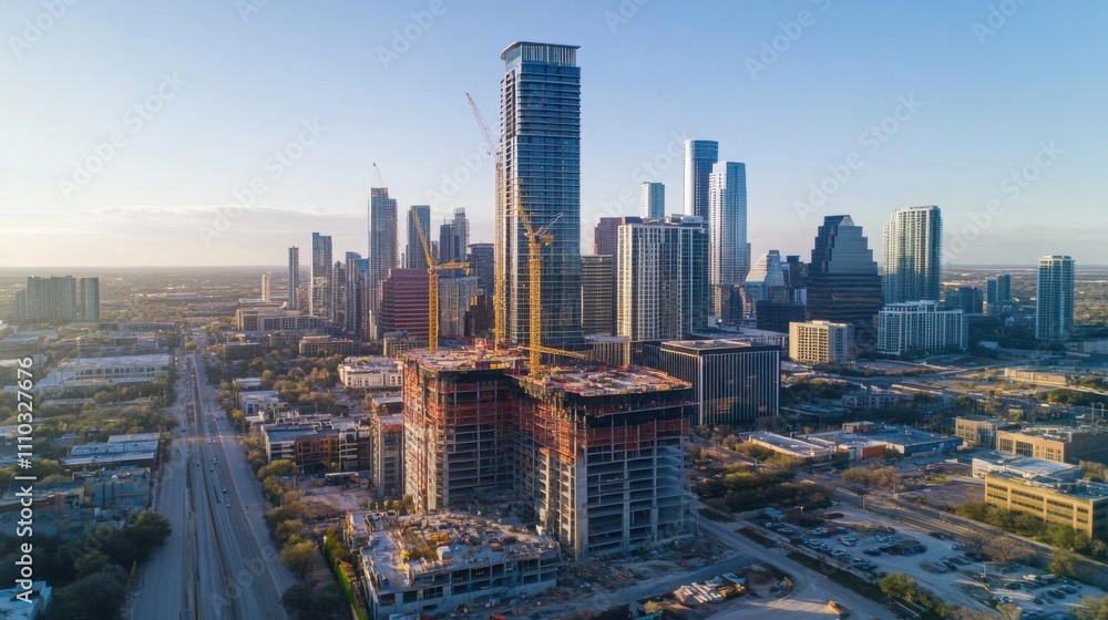 Obraz premium Construction of a high-rise building with a modern skyline in Austin at sunset