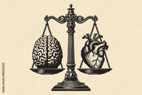 Brain and Heart on Antique Scales - Black and White Engraving Isolated on White Background, Symbolizing the Balance Between Intellect and Emotion