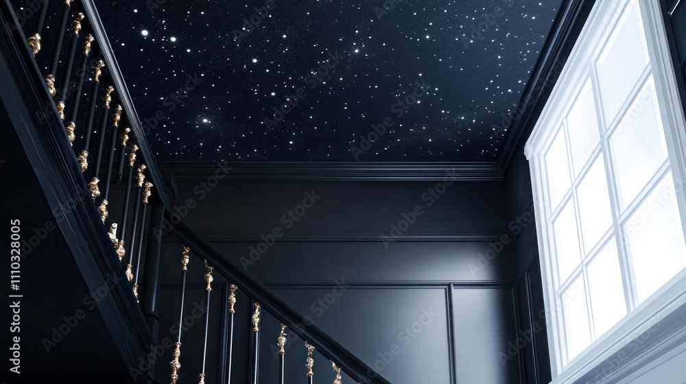 Fototapeta premium Dark stairway with star ceiling and window.