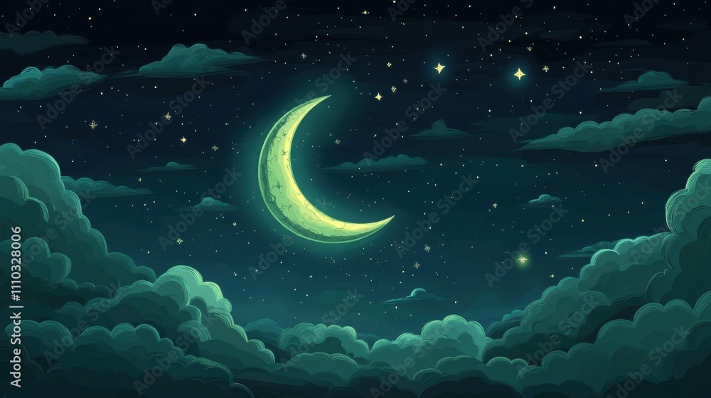 Dreamy Night Sky with Crescent Moon and Twinkling Stars in Clouds Dreamy Night Sky with Crescent Moon and Twinkling Stars in Clouds