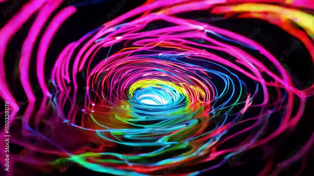 Seamless loop video of water currents swirling with luminous streaks of color, creating a hypnotic vortex effect under neon lighting. Seamless loop video of water currents swirling with luminous streaks of color, creating a hypnotic vortex effect under neon lighting.