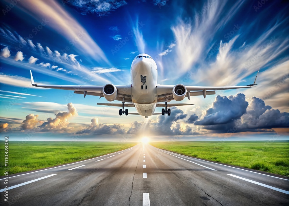 Obraz premium Fuselage of an All-White Passenger Plane Ascending from Airport Runway Against Clear Sky, Showcasing Modern Aviation and Travel Concepts