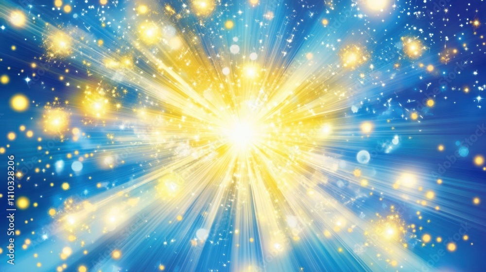 Bright Explosion of Light with Glittering Stars and Blue Background Bright Explosion of Light with Glittering Stars and Blue Background