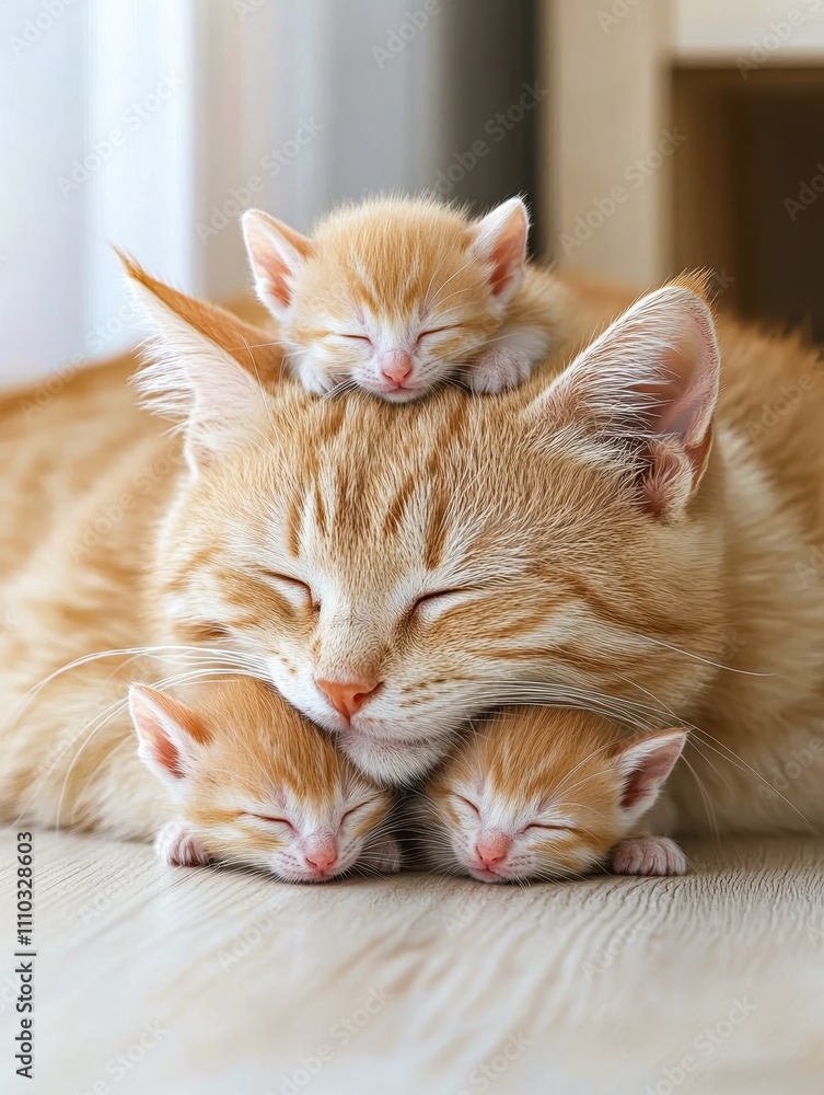 A serene scene features a mother cat resting peacefully with her three adorable kittens nestled against her, This image evokes warmth and affection, ideal for pet-related content or family themes, A serene scene features a mother cat resting peacefully with her three adorable kittens nestled against her, This image evokes warmth and affection, ideal for pet-related content or family themes,