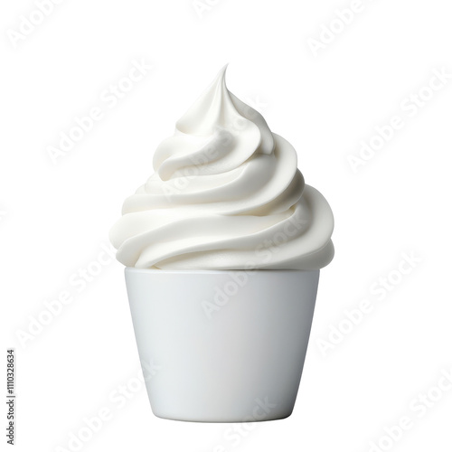 A creamy swirl of soft serve ice cream in a white cup, showcasing its smooth texture and appetizing appearance.