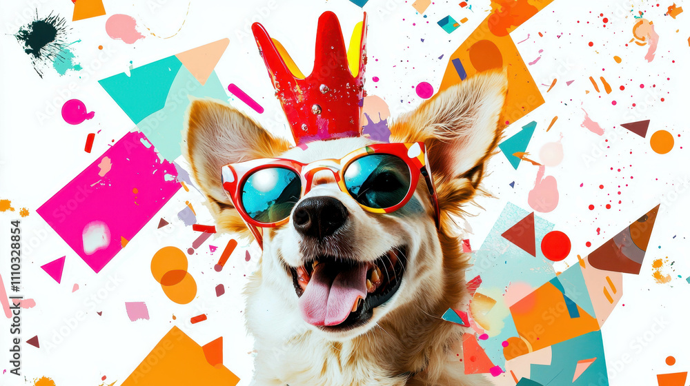 Naklejka premium Playful Dog in Sunglasses and Crown, Colorful Abstract Background