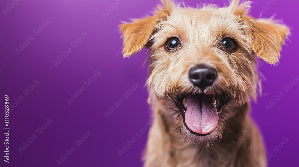 Happy Terrier Dog with Tongue Out, Purple Studio Background Happy Terrier Dog with Tongue Out, Purple Studio Background