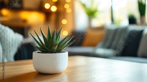 Elegant Succulent Plant in Modern Pot on Wooden Table in Cozy Room