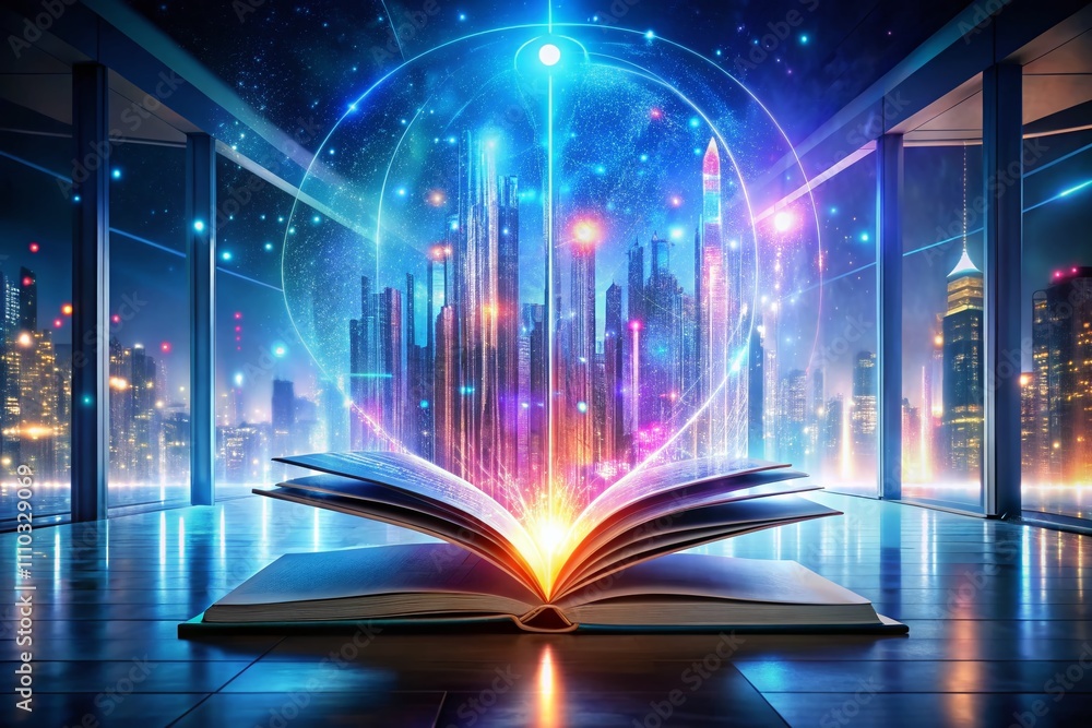 Futuristic Holographic Book with Radiant Text in a Contemporary Setting Symbolizing Digital Knowledge and Innovation in a Panoramic View of Modern Technology Futuristic Holographic Book with Radiant Text in a Contemporary Setting Symbolizing Digital Knowledge and Innovation in a Panoramic View of Modern Technology