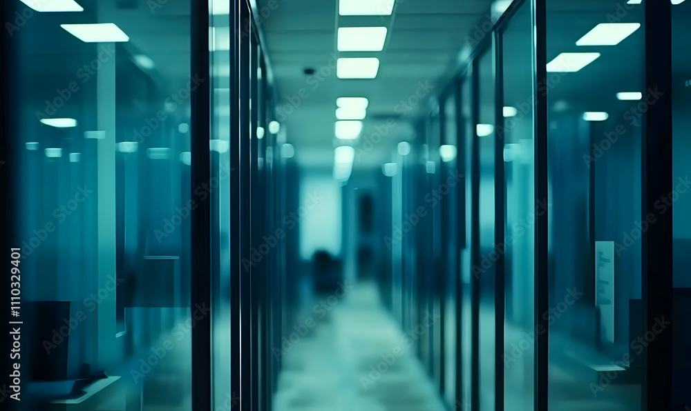 Fototapeta premium Abstract teal toned image of a modern office hallway with glass partitions, showcasing architectural design and a calm atmosphere.