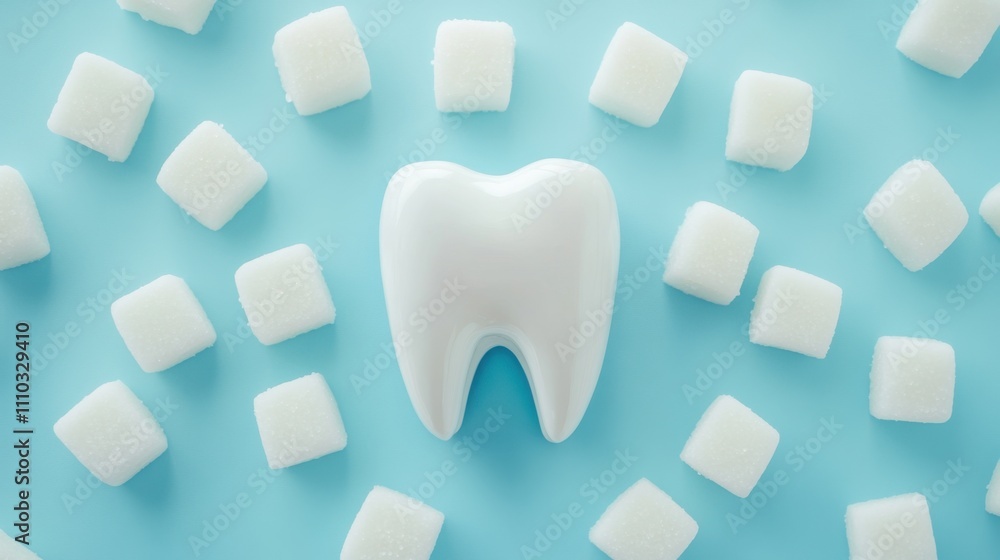 Artistic Representation of Tooth Surrounded by Sugar Cubes on Blue Background Artistic Representation of Tooth Surrounded by Sugar Cubes on Blue Background